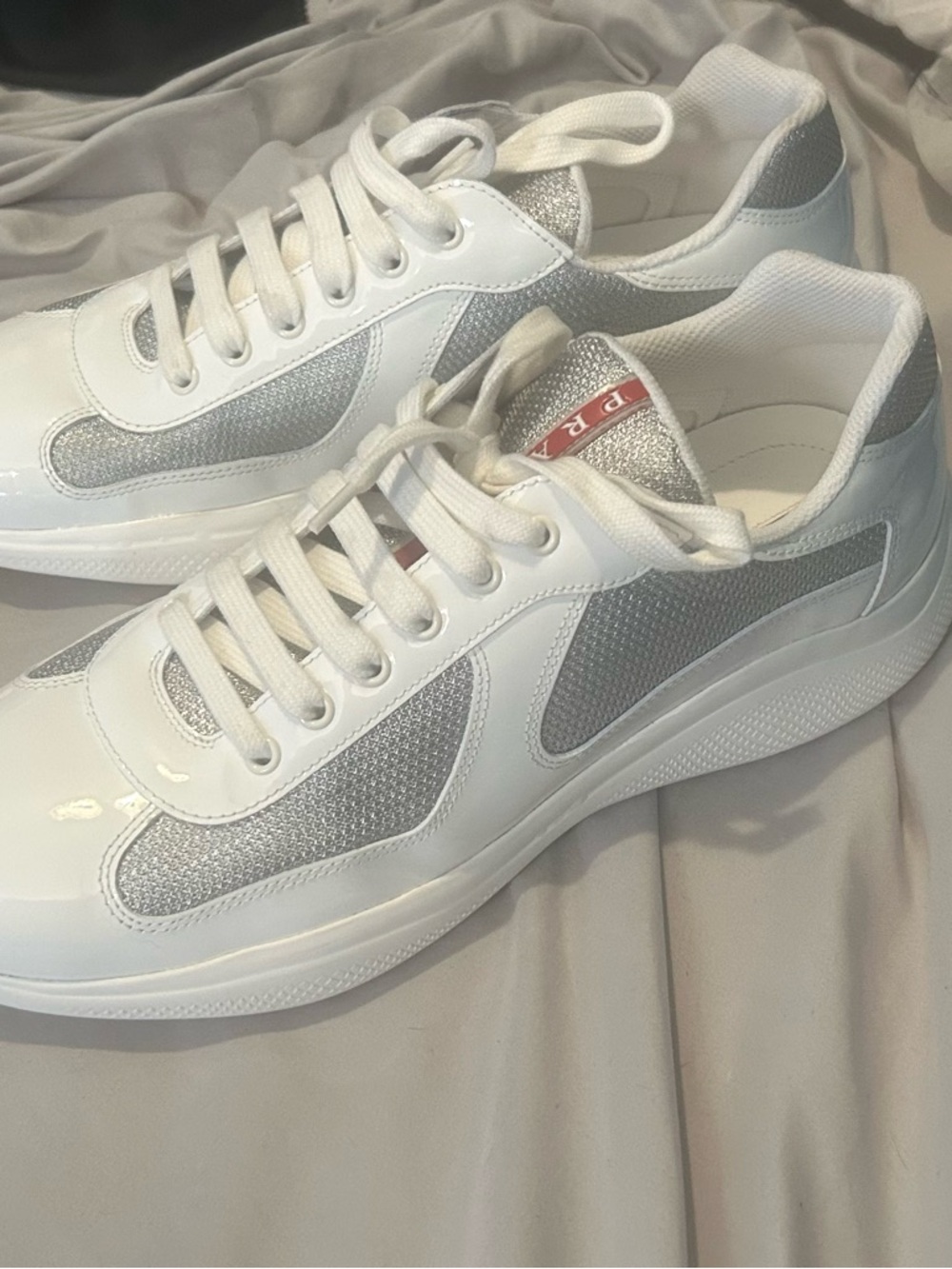 Prada White Slip-On Sneaker with Silver Mesh and Red Logo - Picture 12 of 14